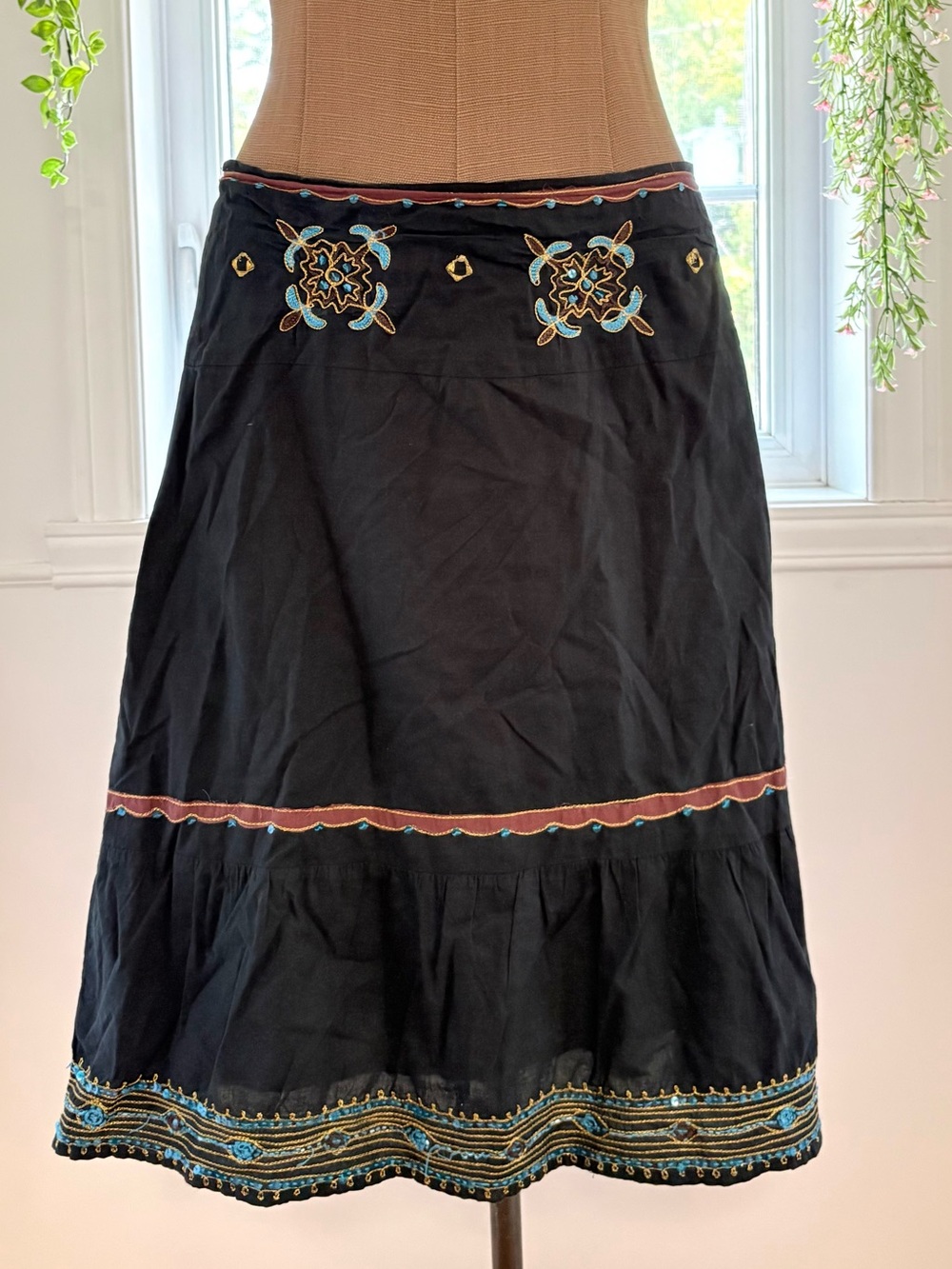 Black Embroidered Midi Skirt with Blue Accents